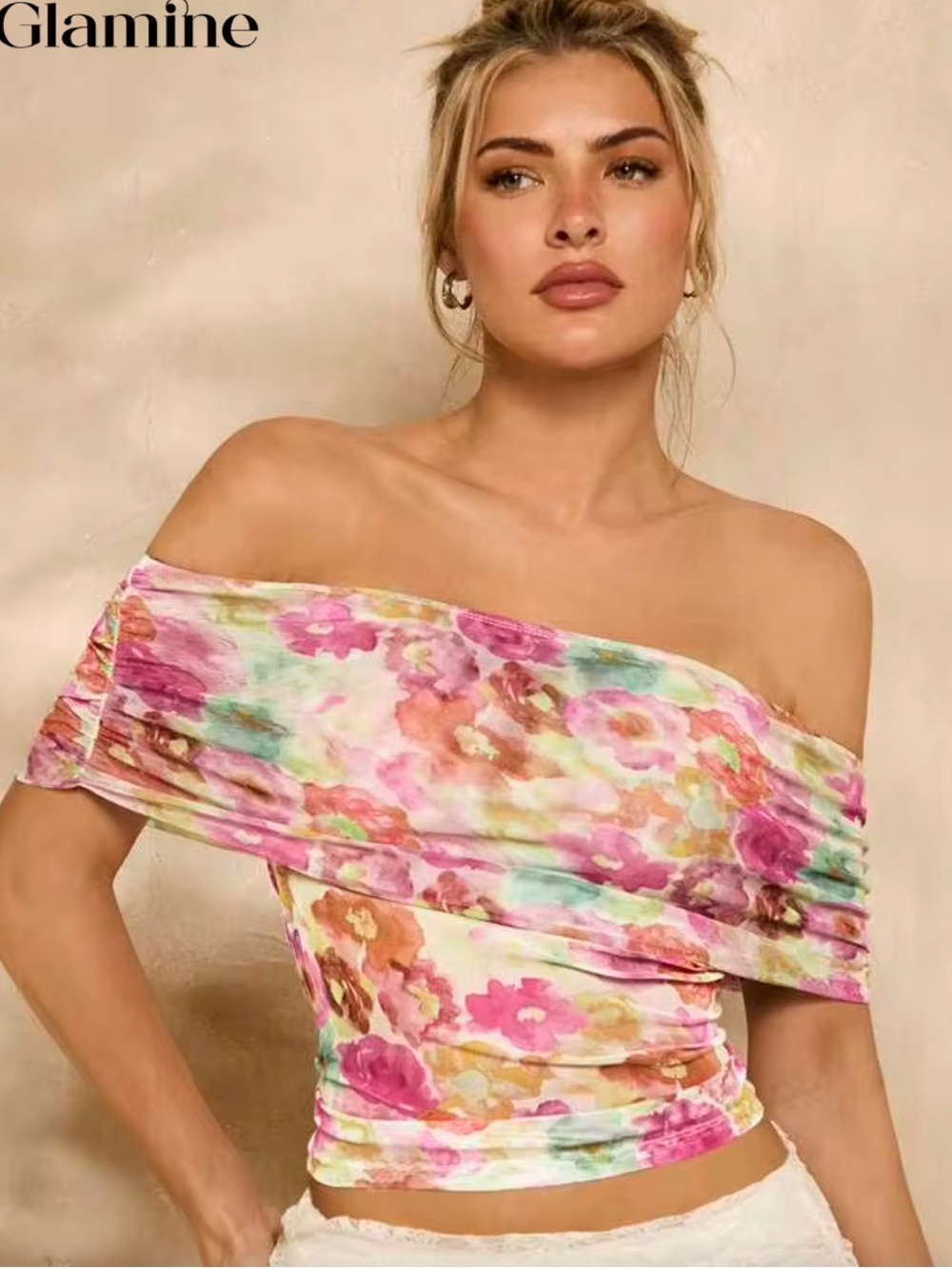 Glamine Floral Off-Shoulder Crop Top in Pastel Watercolor size XL